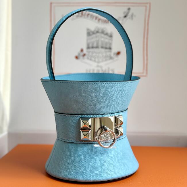 【エルメス HERMES】ミニ メドール ハンドバッグ ヴォーエプソン セレステ シルバー金具 W刻印（100％手縫い）